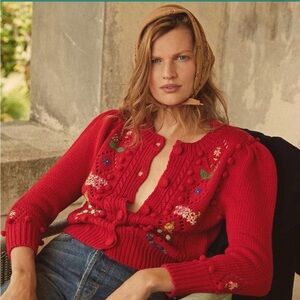 Doen Forget Me Not XS Knit Cardigan Red Floral Embroidered Women's Sweater